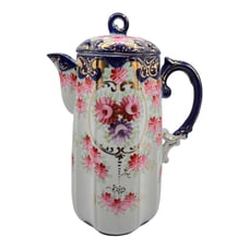 Antique Handpaint Cobalt Blue Gold Gilt Pastel Flower Chocolate Coffee Tea Pot