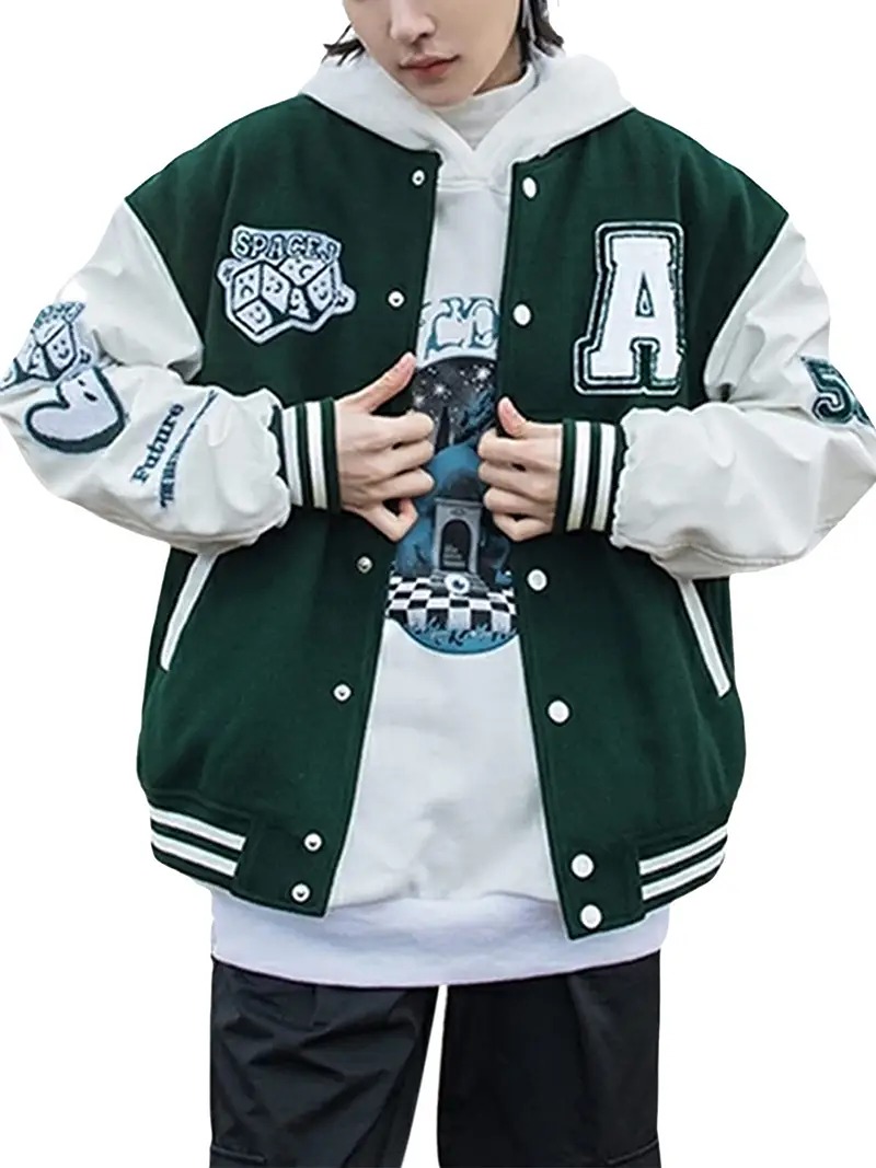 Stand Neck Long Sleeves Snaps Varsity Bomber Jacket