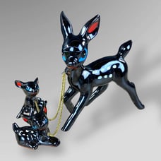 Mid Century Black Deer Fawns Chain White Spots Blue Eyes Sonsco Japan Redware