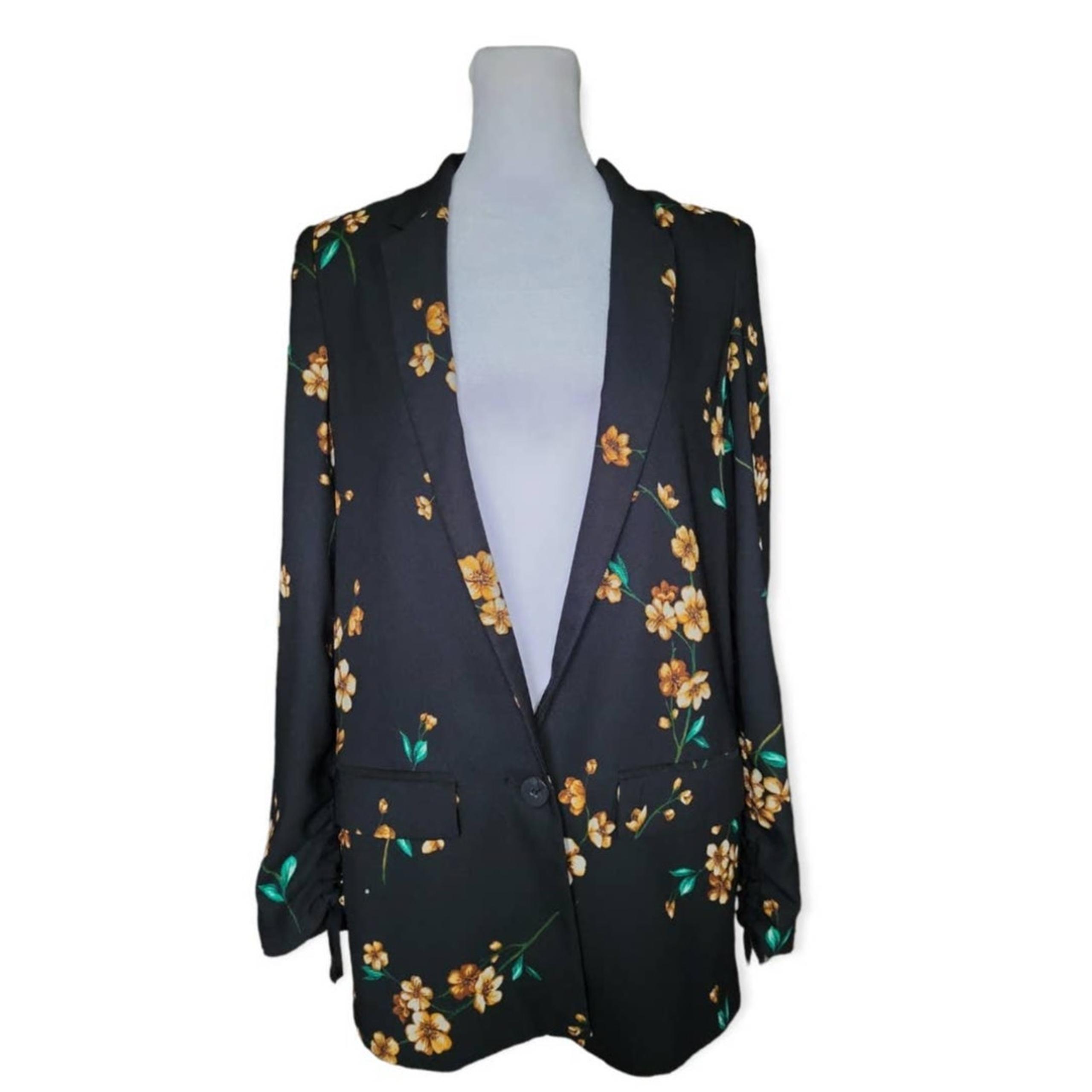 MNG Mango Women's Floral Print Blazer Suit Jacket Black