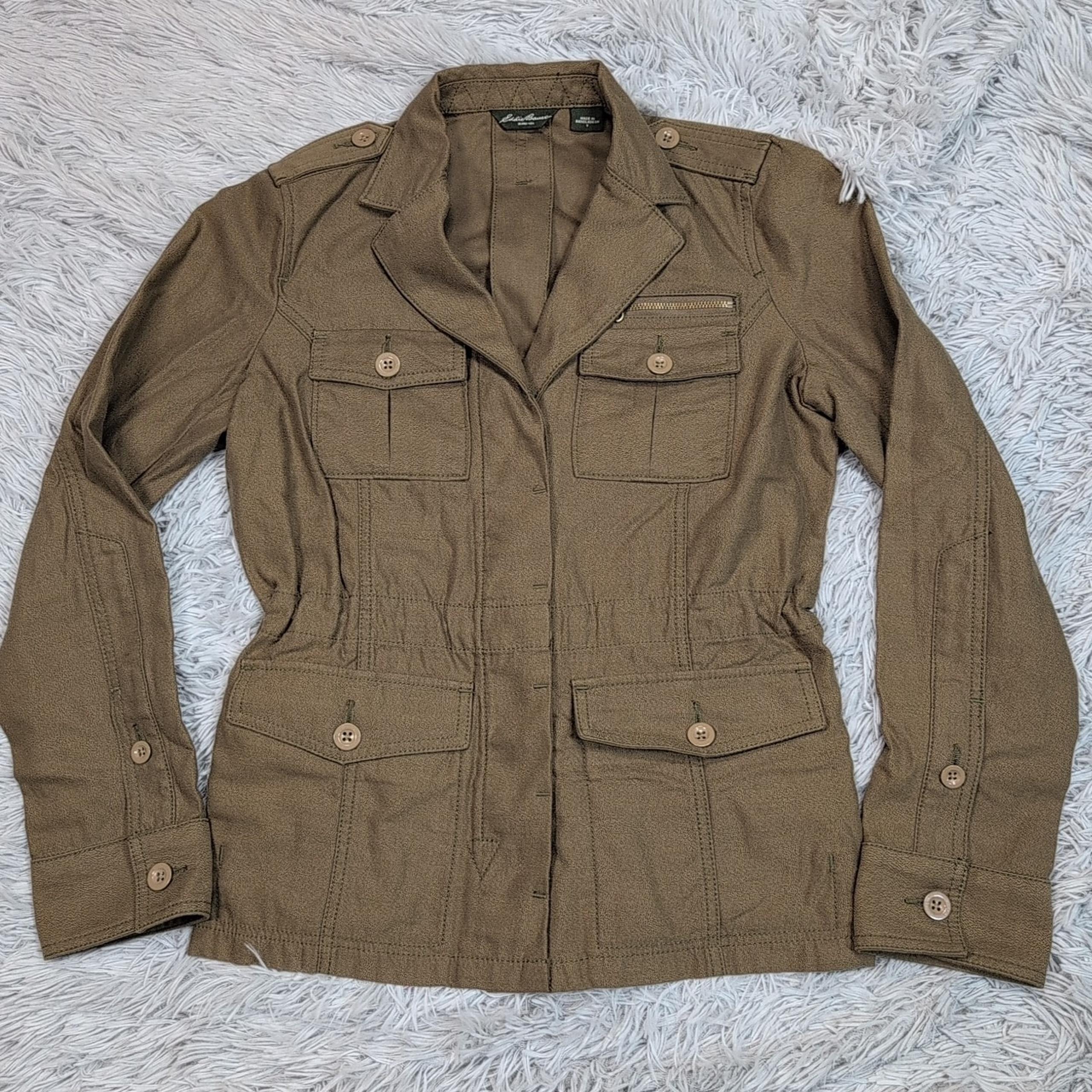 Eddie Bauer Jacket Womens S Green Coat  Pockets Button Up Military Band Comfort
