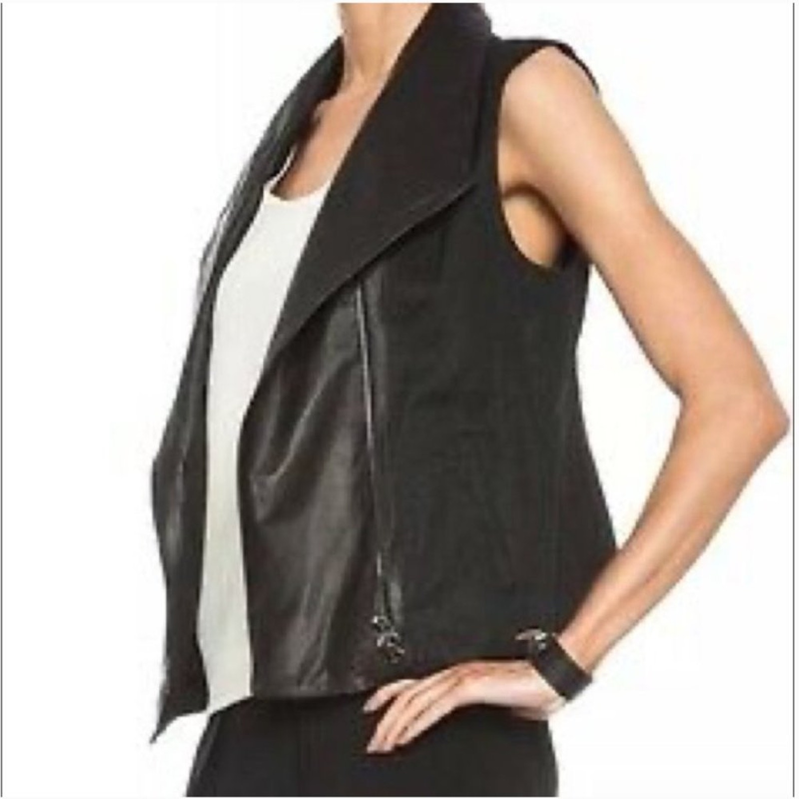 Vince Black Asymmetric Leather + Linen Moto Vest Size L