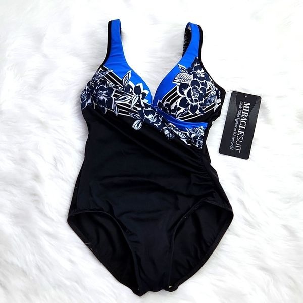 Miraclesuit NWT It's a Wrap One Piece Swimsuit Black Blue Floral Women's Sz 8