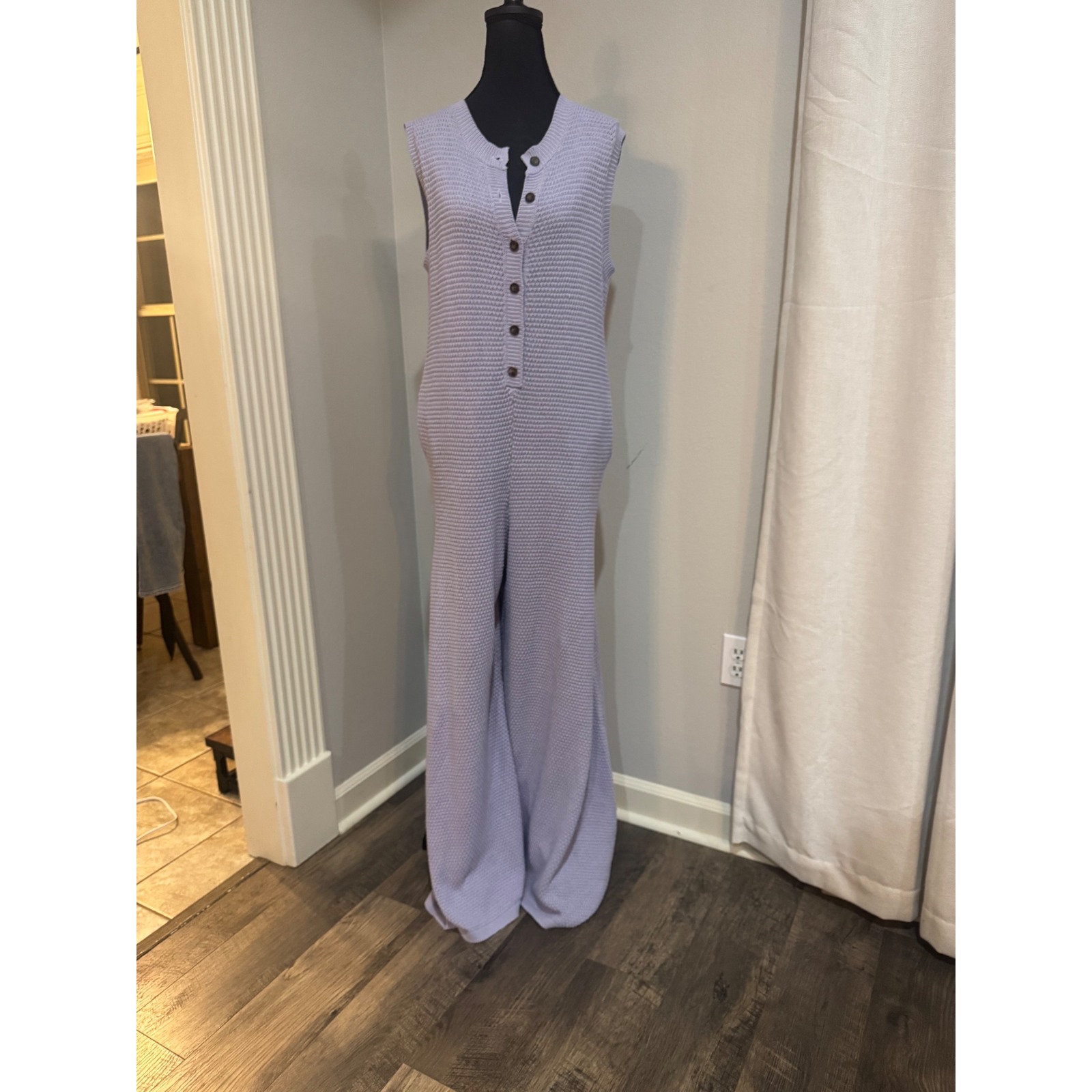 Bucket List Knit Jumpsuit Wide Leg Button Front Sleeveless Lavender S
