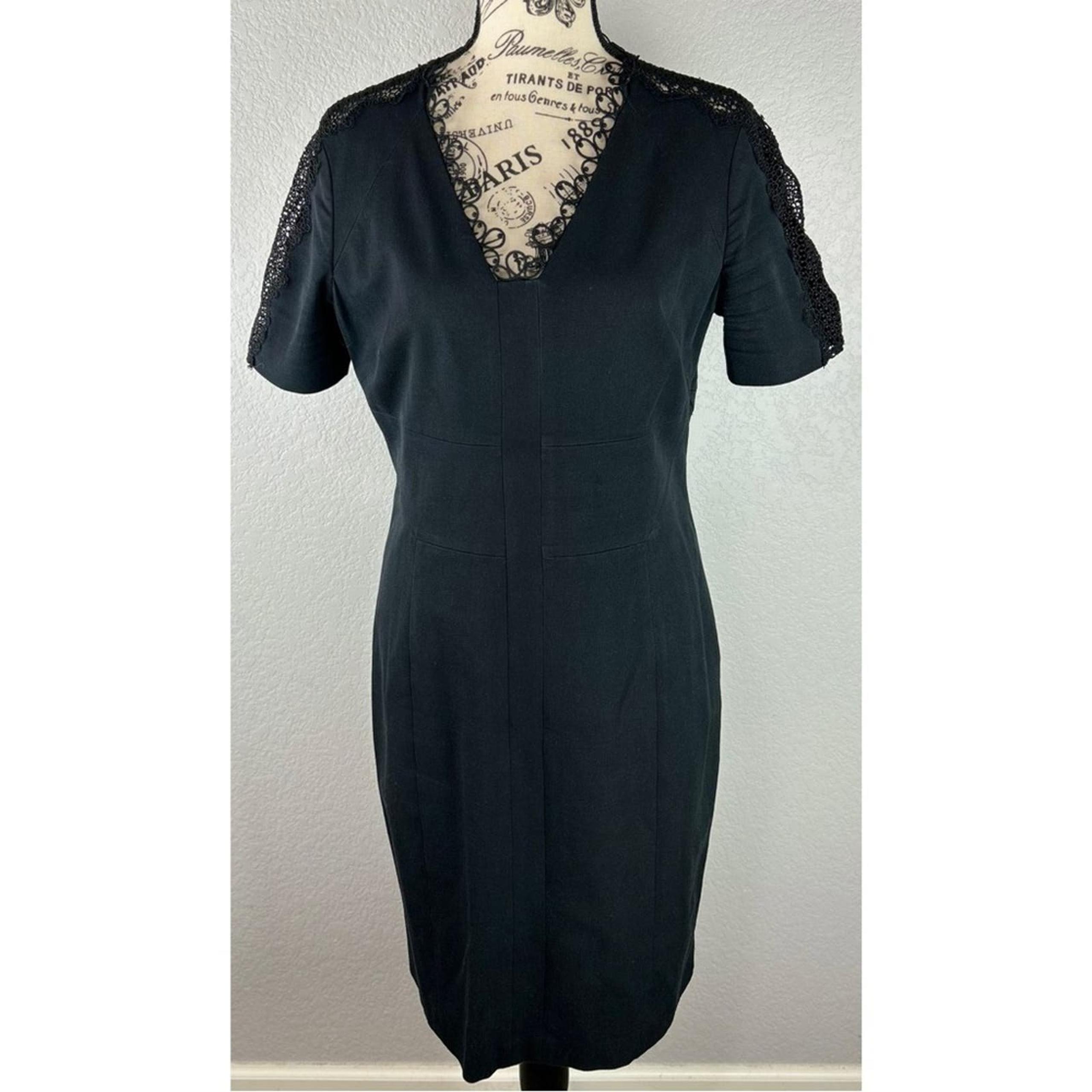 Elie Tahari Women’s Black LBD Spiral Lace/Crochet Trim V-Neck Sheath Dress 10 US