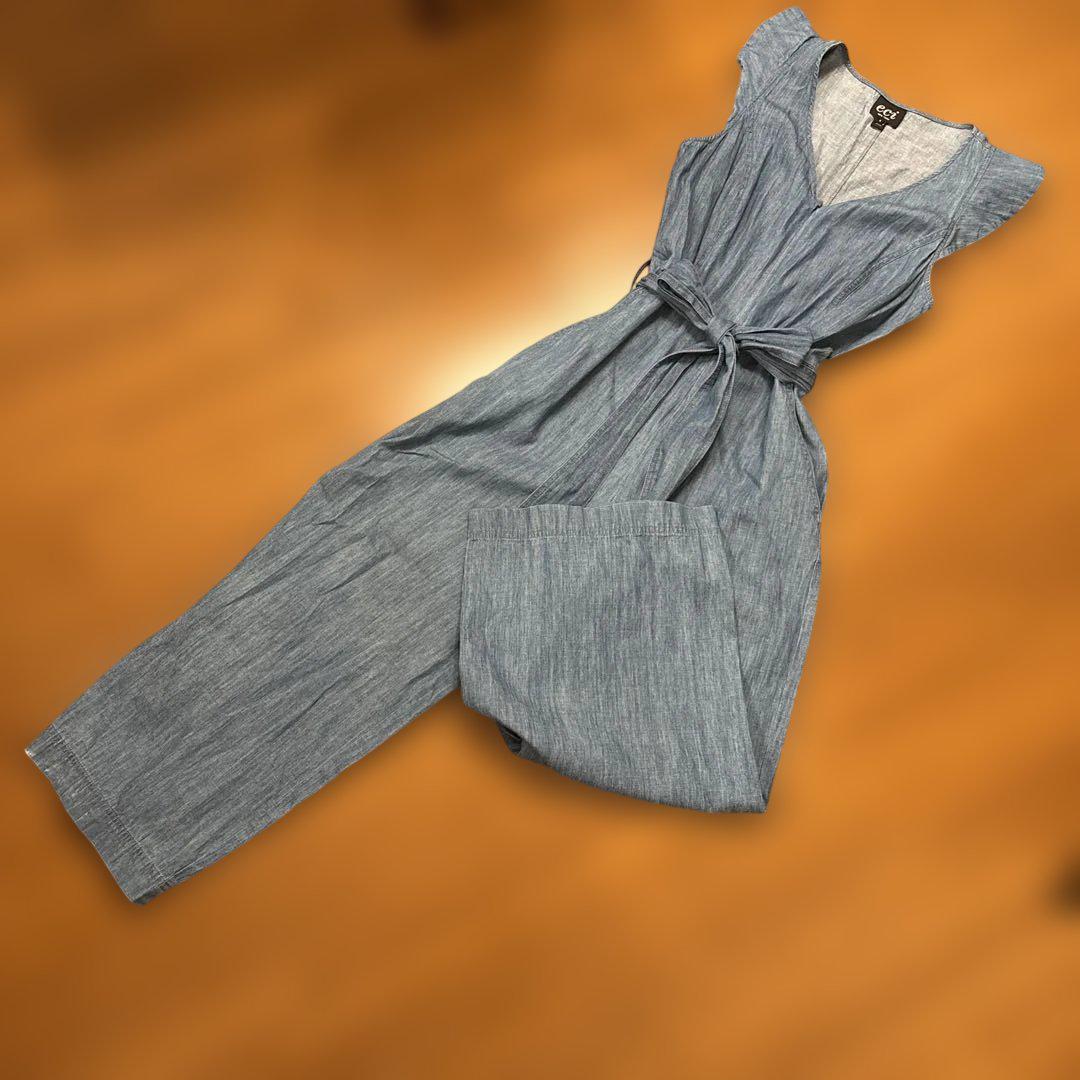 eci Denim Blue V-Neck Ruffle Sleeve Jumpsuit