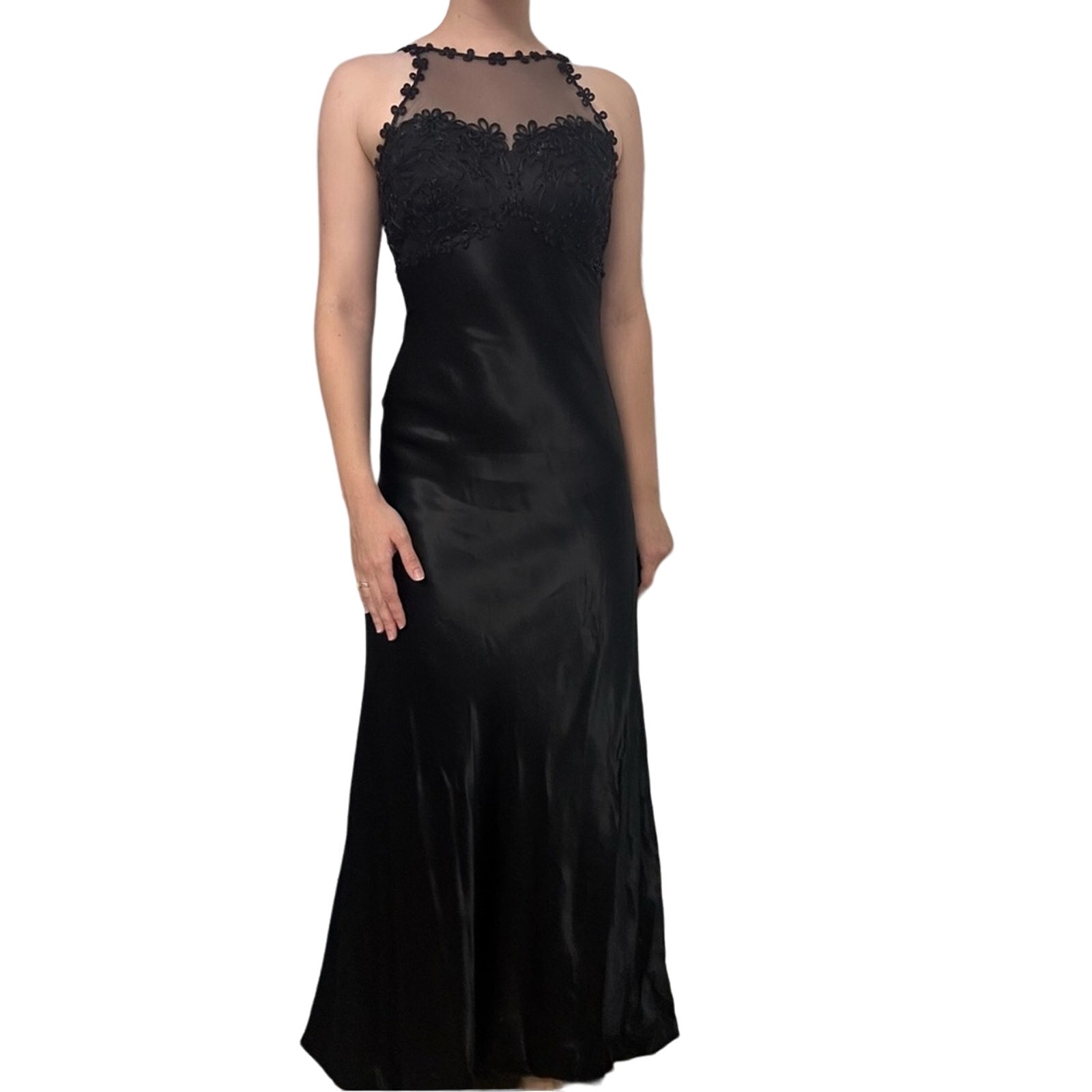 Vintage Dress 90s Long Satin Black Coquette Mesh Lace Sexy Formal Size Small
