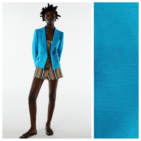 NWT. Zara Turquoise Tailored Textured Double Breasted Cropped Blazer. Size S.