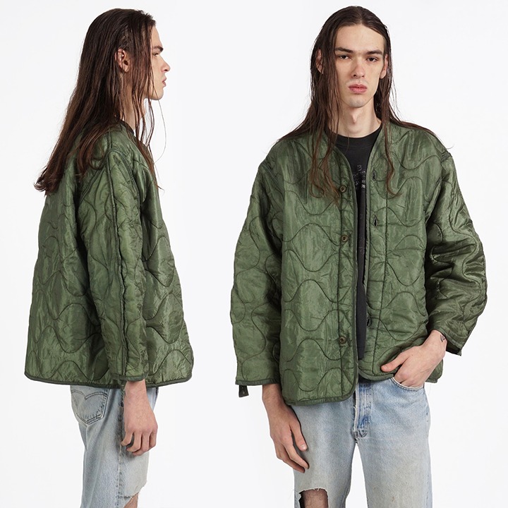 VINTAGE Khaki Military Button Down Quilted Field Jacket
