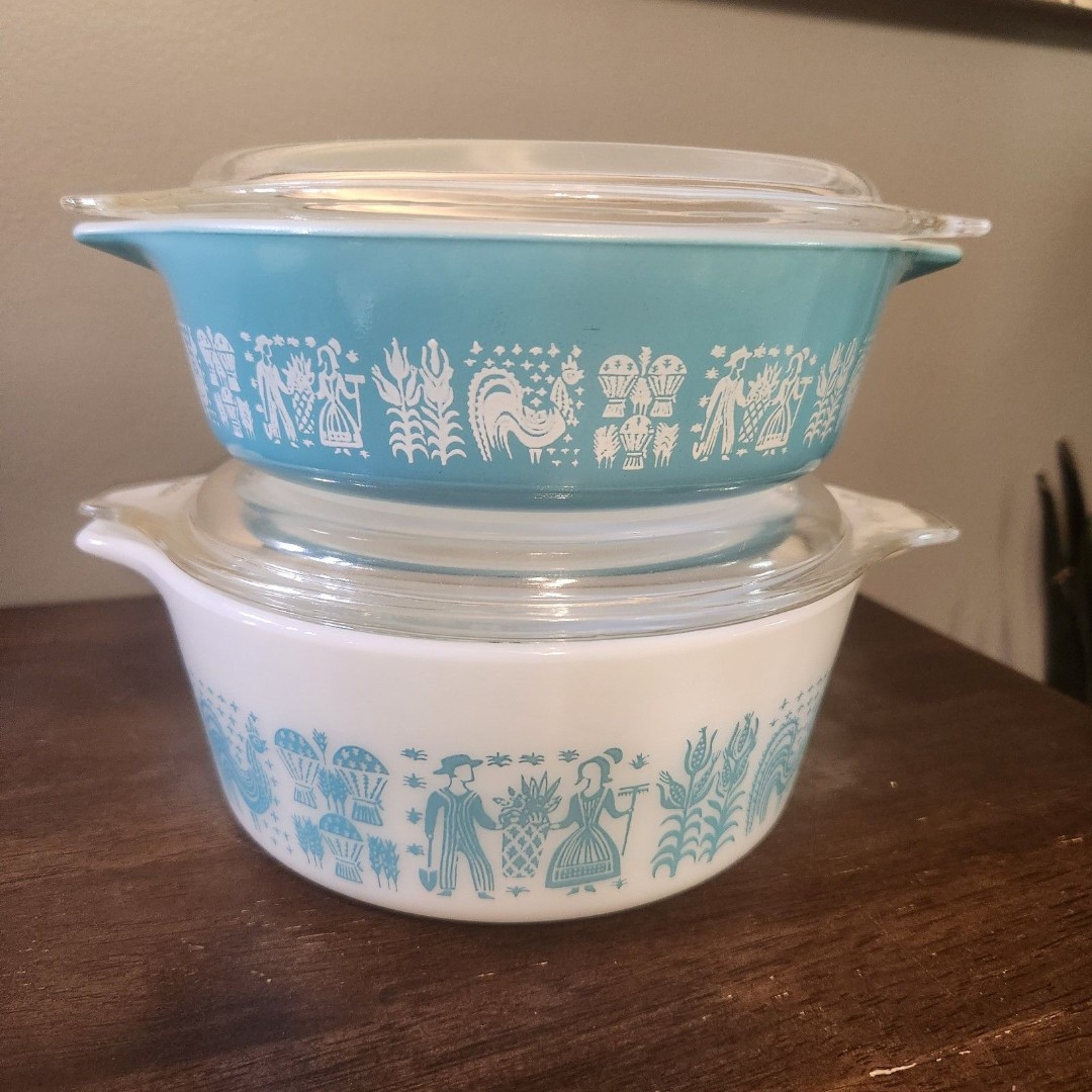 VTG PYREX Amish Butterprint Turquoise 1 Pt 471 & 472 1.5 Pt Dish Casserole