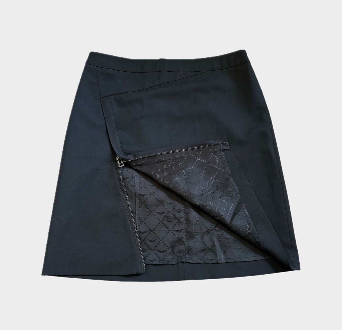 NWOT black mini skirt by Zadig & Voltaire Deluxe, asymmetrical zipper on front