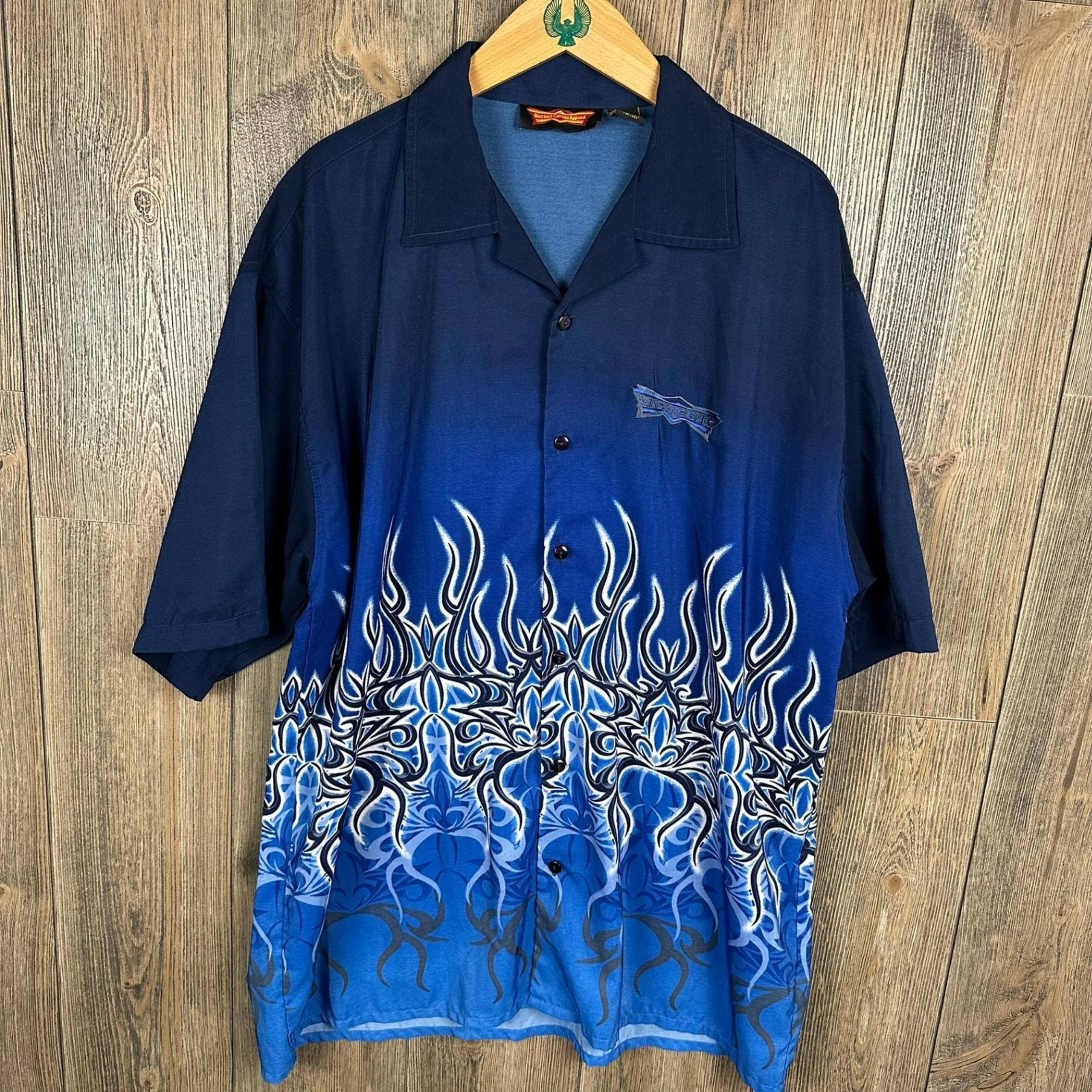 Vintage Y2K Flames Tribal Las Vegas Button Up Shirt Blue Black Mens Size 2XL