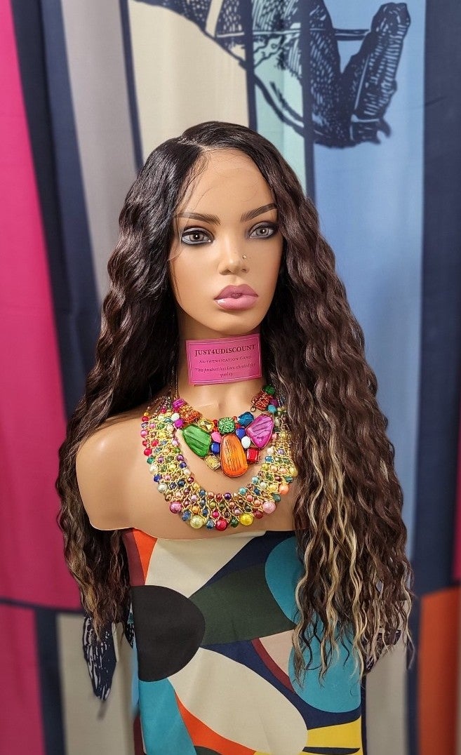Wowfactor brown water wave hd lace wig with blonde highlights