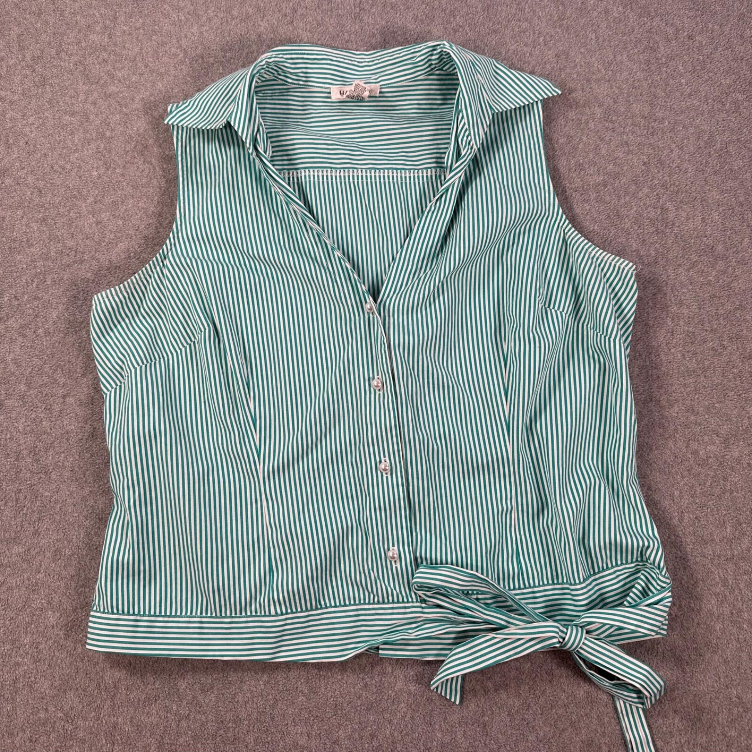 Harold's Striped Sleeveless Blouse Women's 14 Green/White Bow at Waist Collared