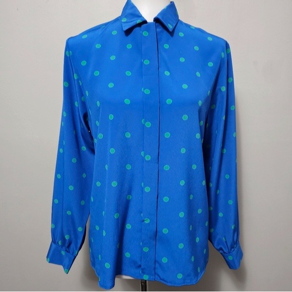 Vintage John Meyer Cerulean Blue & Green 80s Polka Dot Button Down Size 10