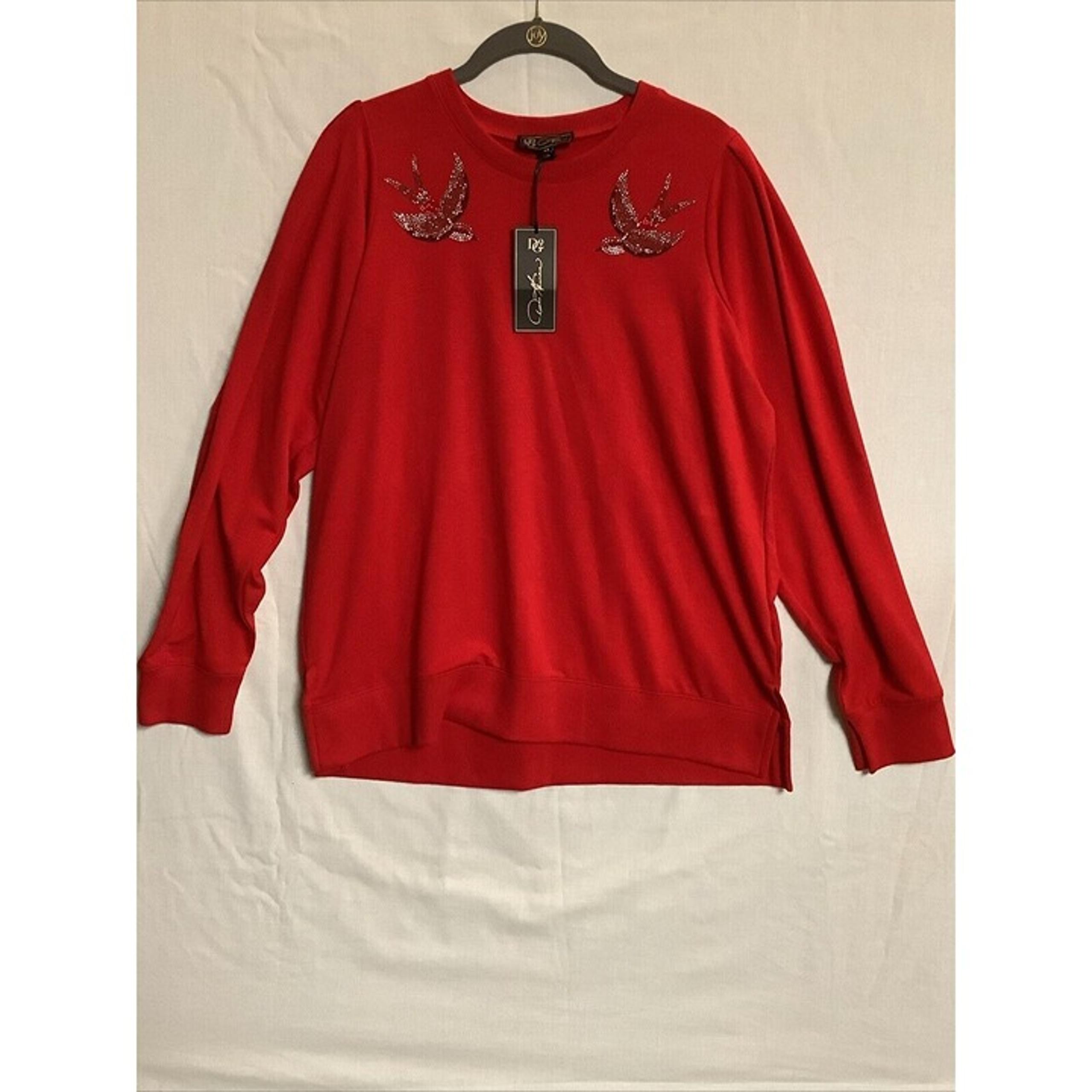 DG2 Diane Gilman Holiday Red Soft Red Bird Bling Sweater SzM Loose Bottom NEW