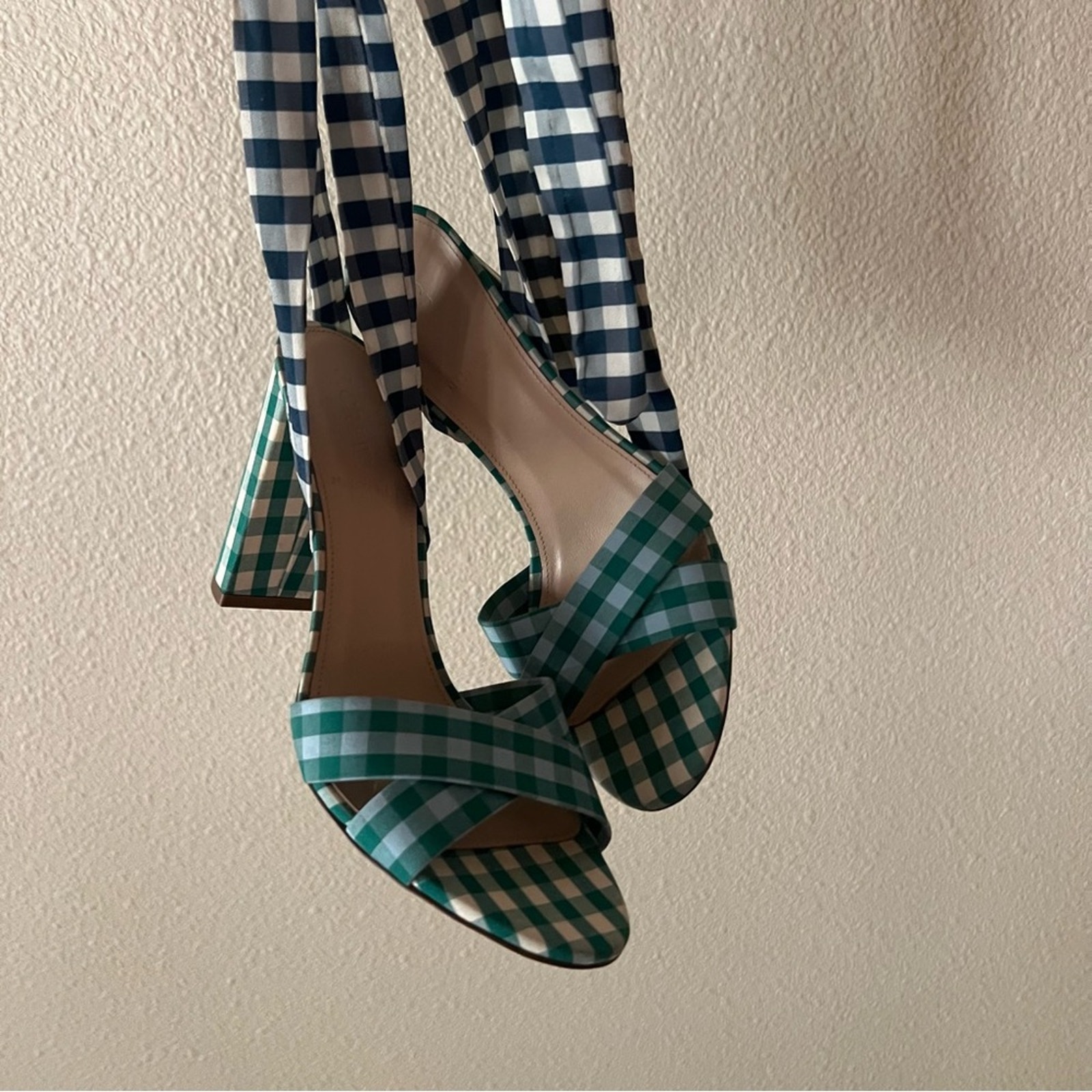 J. Crew Charlotte Mixed Green Blue Gingham Wrap Heel Sandal 8.5