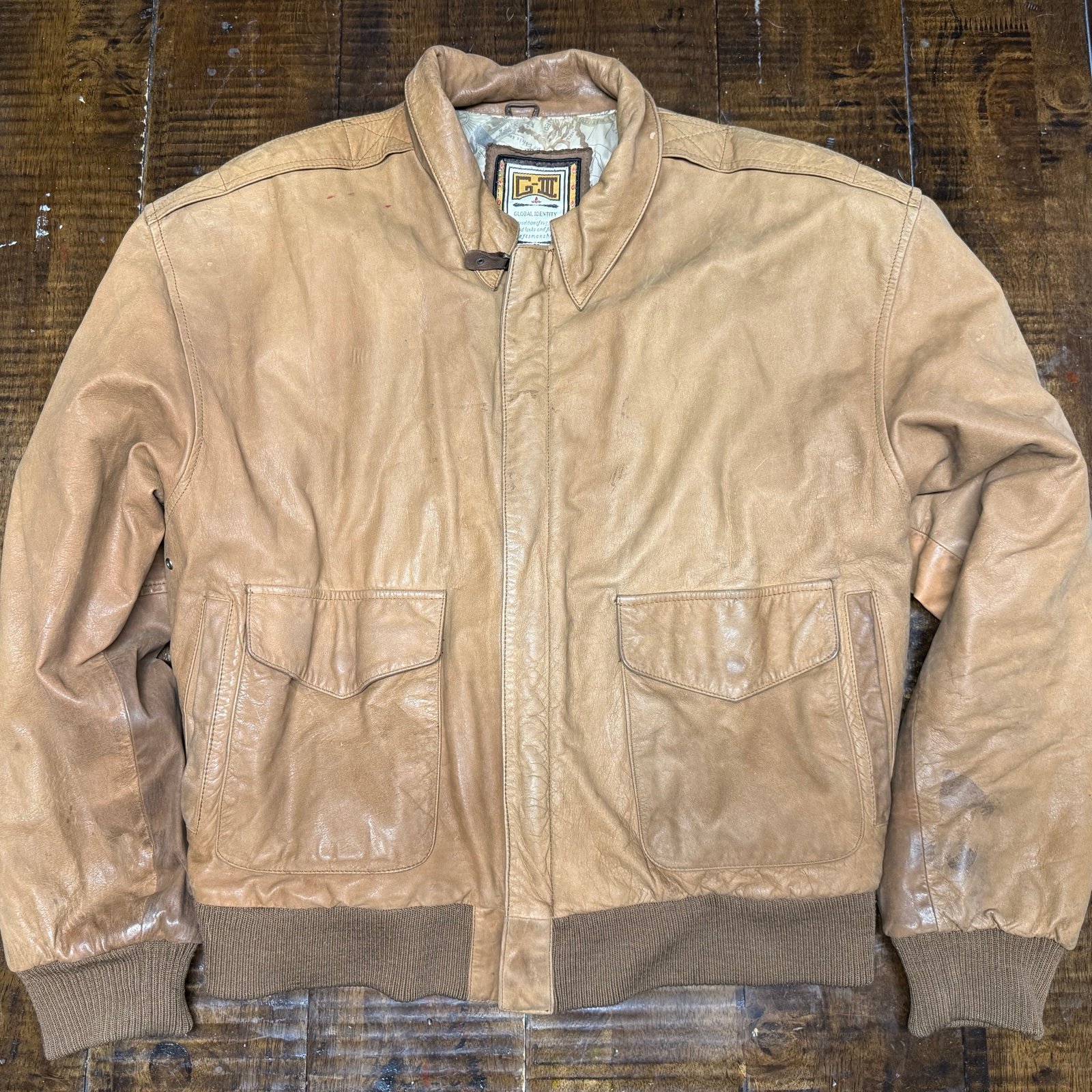 Men’s Jacket VINTAGE G-lll Leather Bomber Jacket Light Brown Size L Distressed