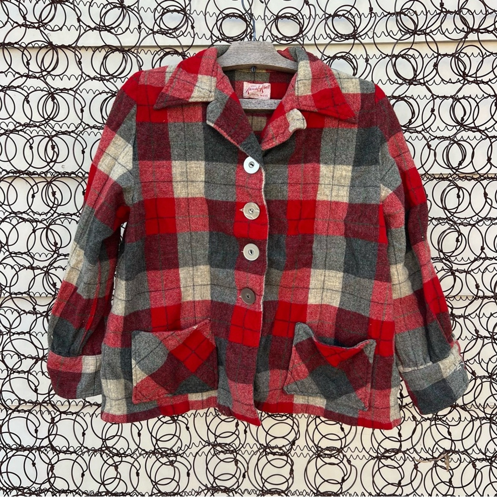 Vintage 50s Kasual Koat Red Tan Gray Wool Plaid Shirt Shacket Med?