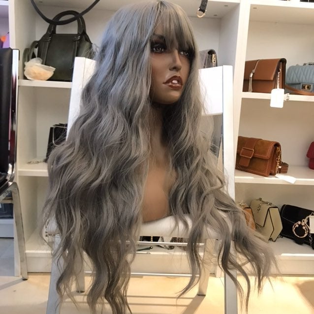 Human hair blend sliver gray wig