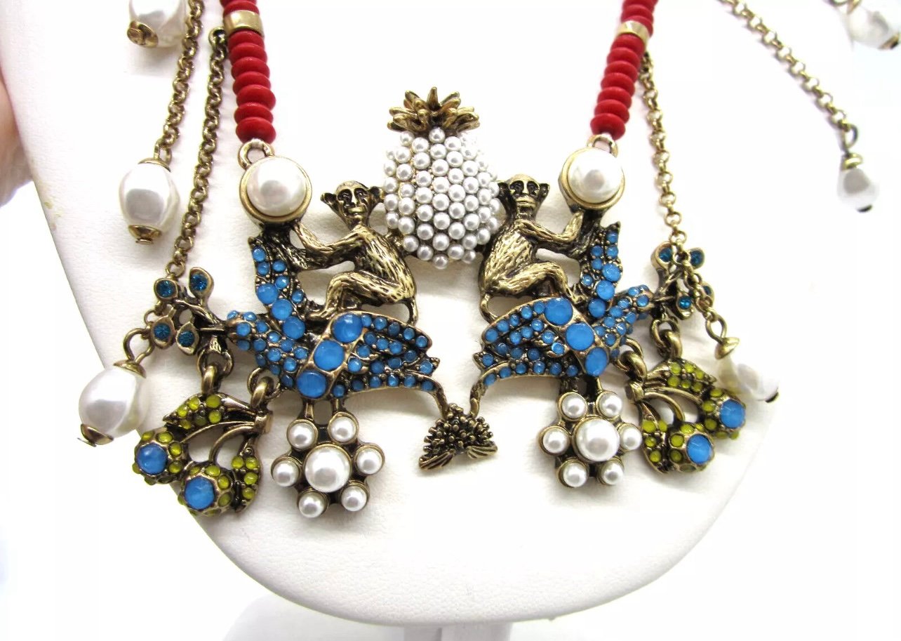 Betsey Johnson Goldtone Deep Red Bling Monkey and Pineapple Statement Necklace