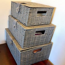 Set of 3 Woven Storage Basket Bin Wicker Hamper Stackable Box with Lid & Lock