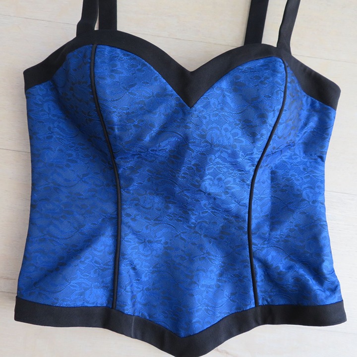Vintage 80s Brocade Lace Bustier Corset Top M Royle Blue Boning Zipper USA Made