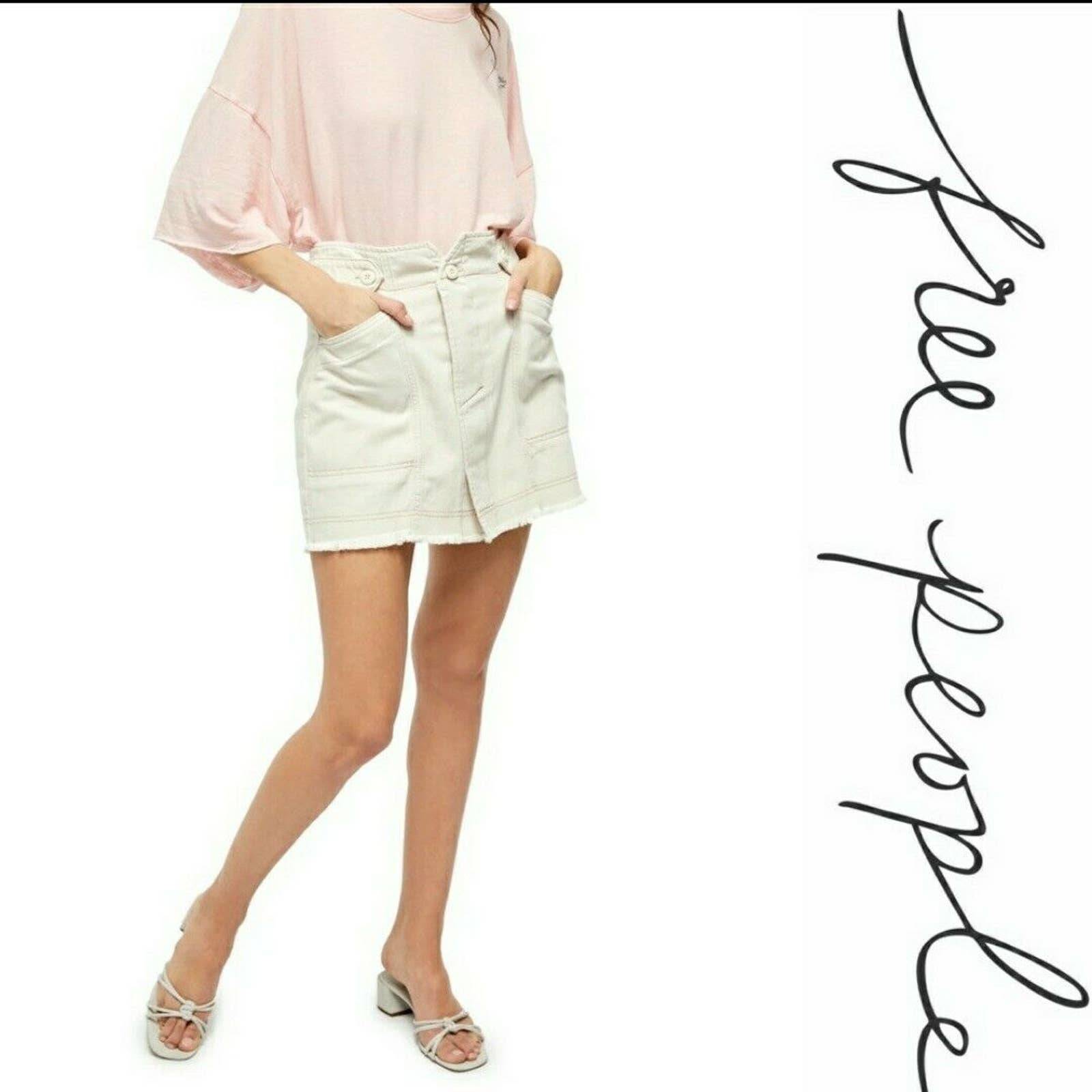New Free People Denim Button fly Wrap Skirt Cream Frayed Raw Hems Size 8