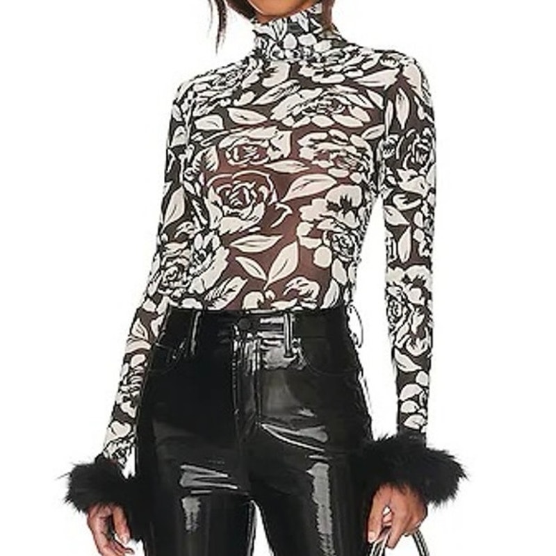 AFRM Revolve Miki Detachable Feather-Cuff Mesh Turtleneck Top Floral Noir Rose S