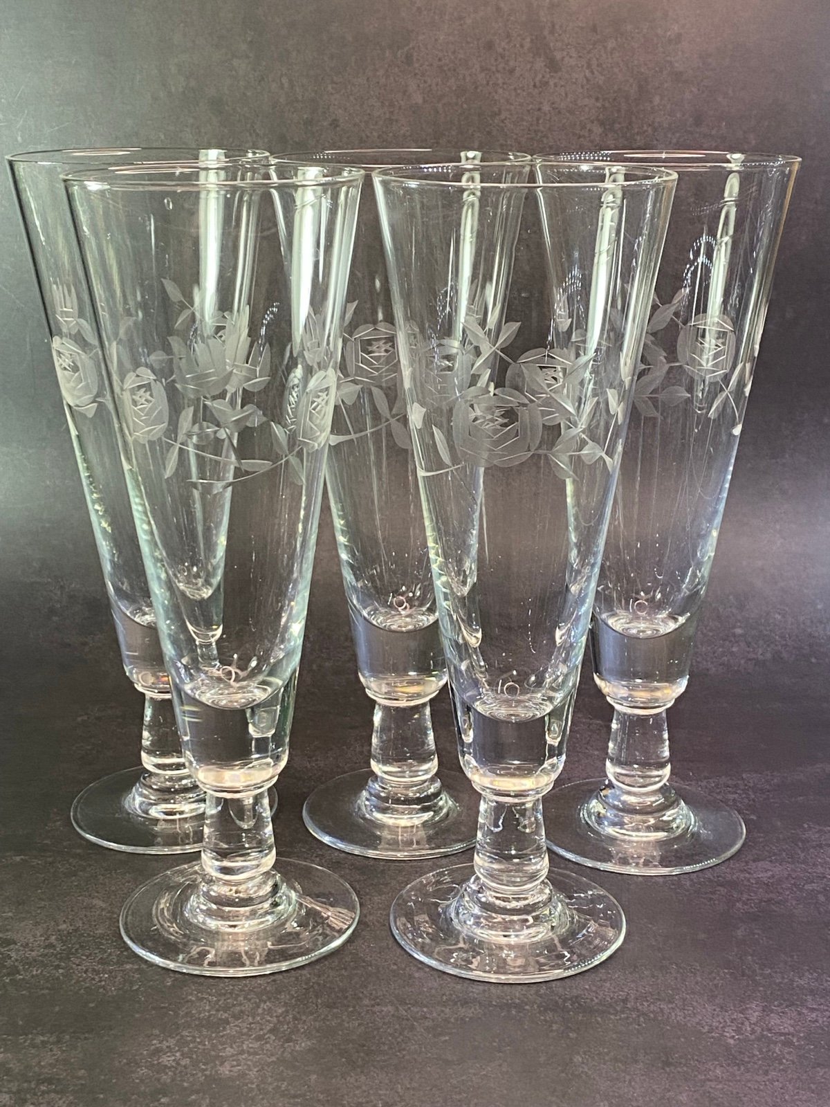 Set of (5) Vintage Noritake Etched Pilsner Clear Glasses. Mid Century. Made in