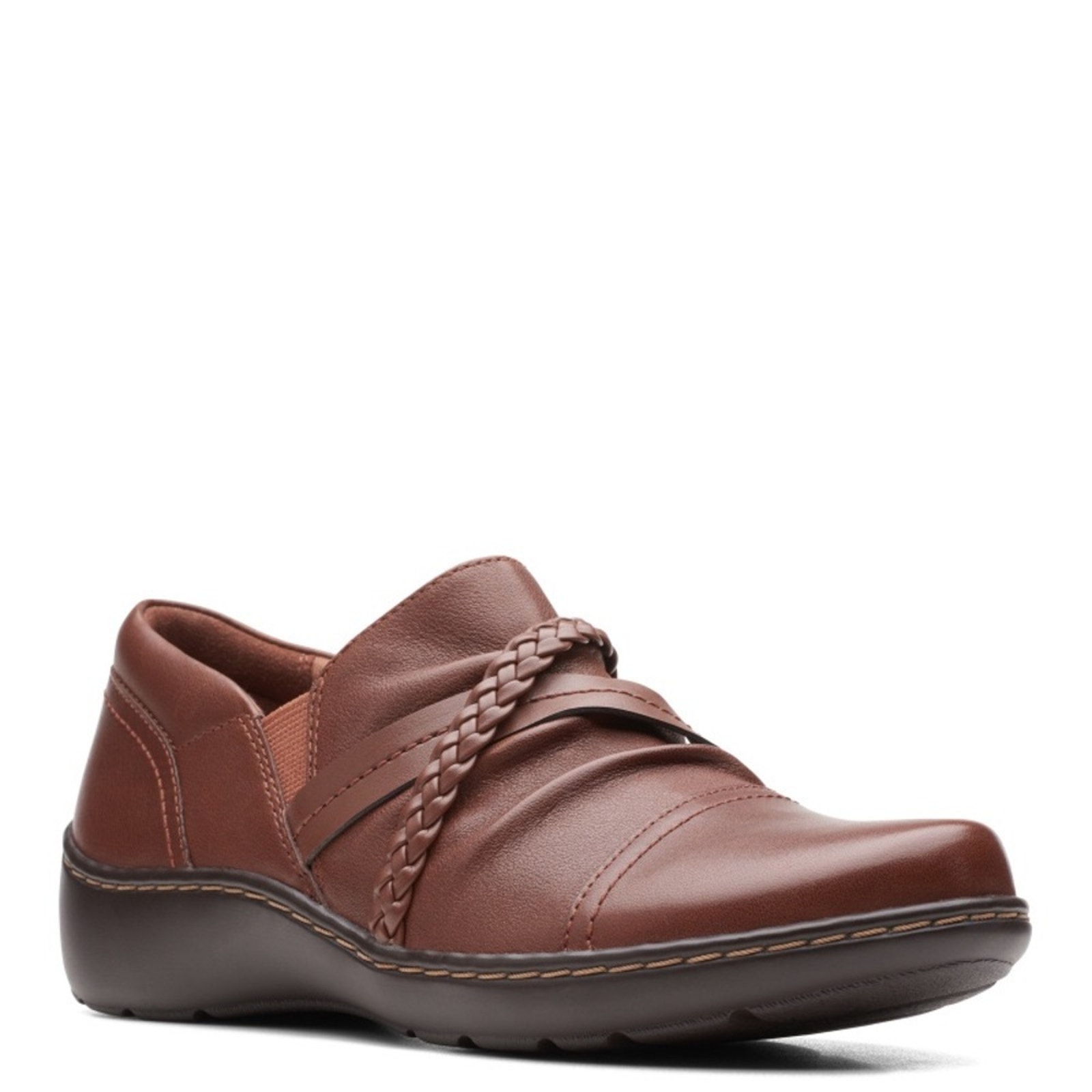 Clarks Cora Braid Shoe Dark Tan Leather Slip On Shoes Brown NEW Size 7W