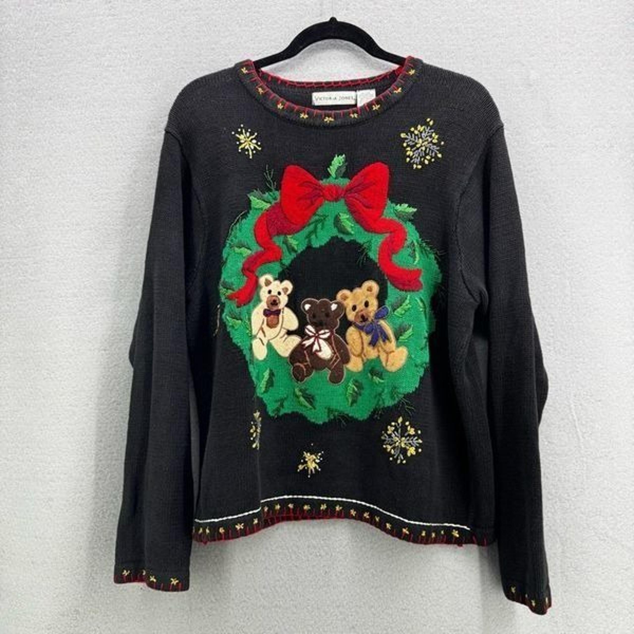 Vintage Victoria Jones Womens Black Christmas Wreath Teddy Bear Sweater Large