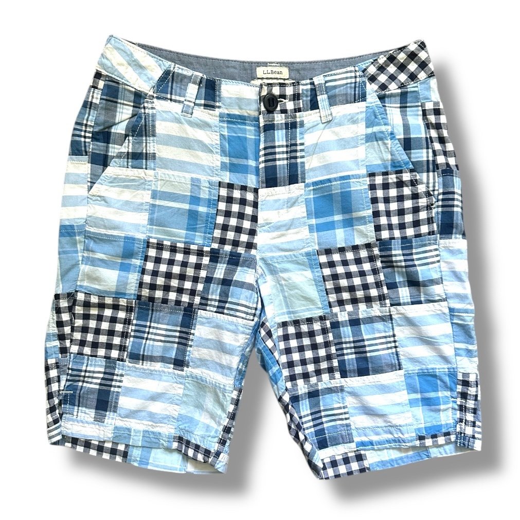 L.L. Bean Favorite Fit Blue Madras Plaid Patchwork Shorts Women’s Size 4 Preppy