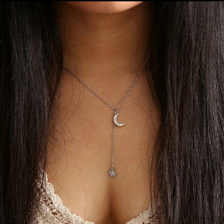 Free People Crystal Moon & Star Necklace Silver