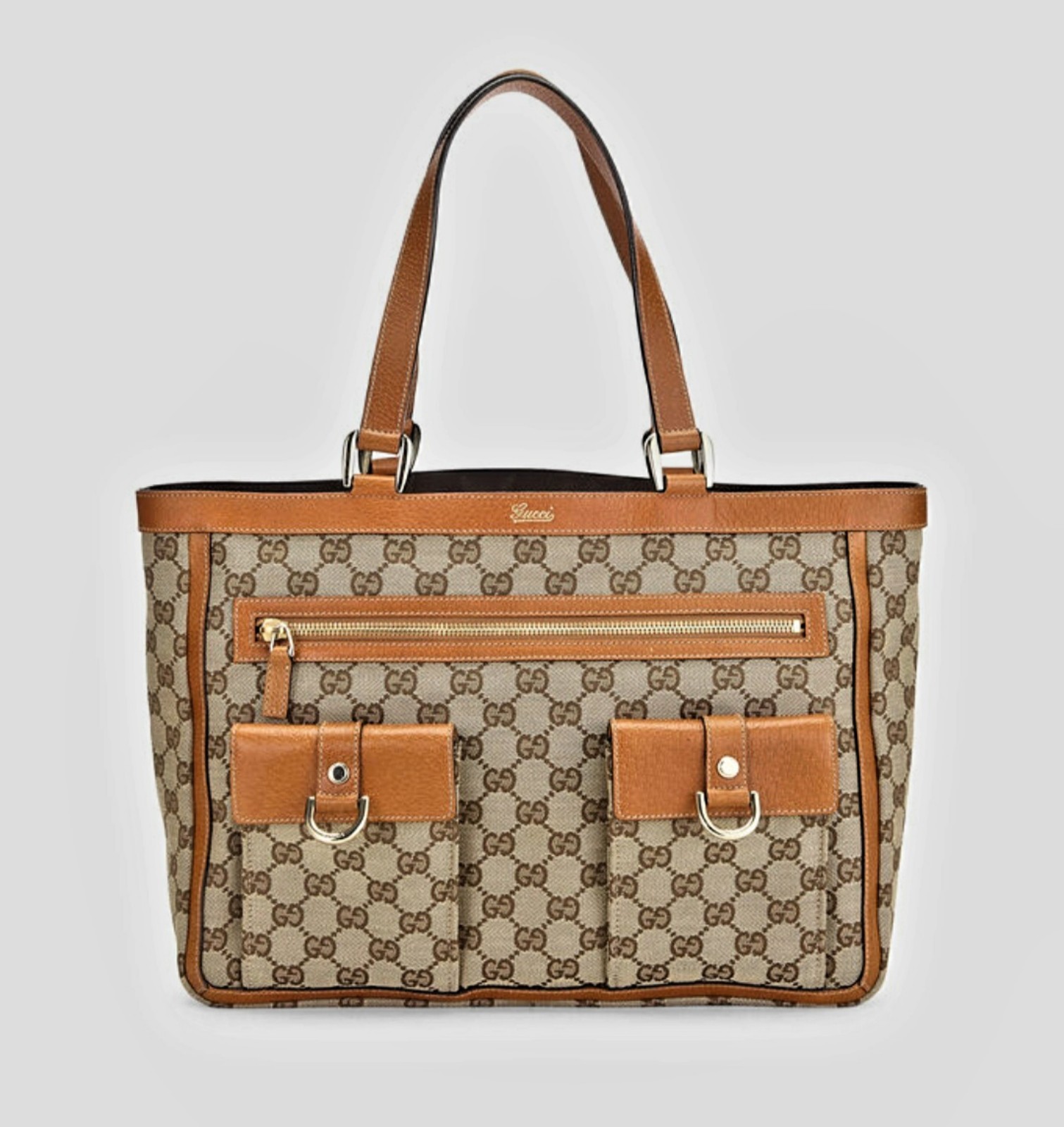 GUCCI Orange Original GG Canvas Abbey Pocket Tote, gold hardware