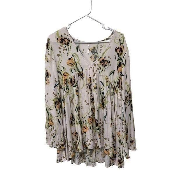 Free People V-Neck Oversized Floral Print Tunic Top Blouse White Size Small