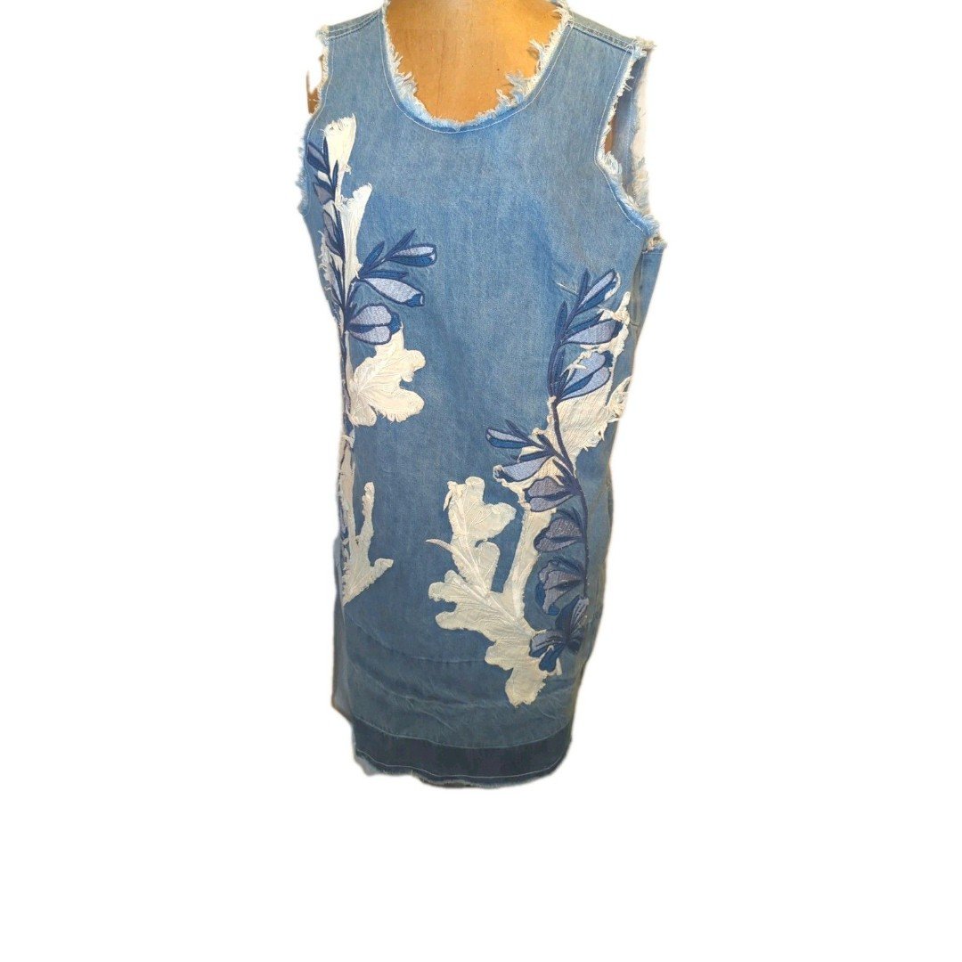 Adore Blue Denim Dress Luxury Jeans L Floral Leaves Pocket Raw Applique Western