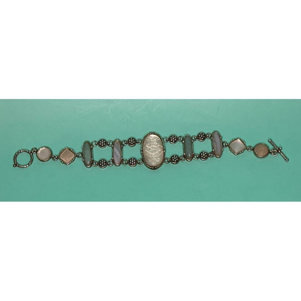VTG Victorian Style 7.5 Inch Sterling Silver Mother Of Pearl Jade Bracelet