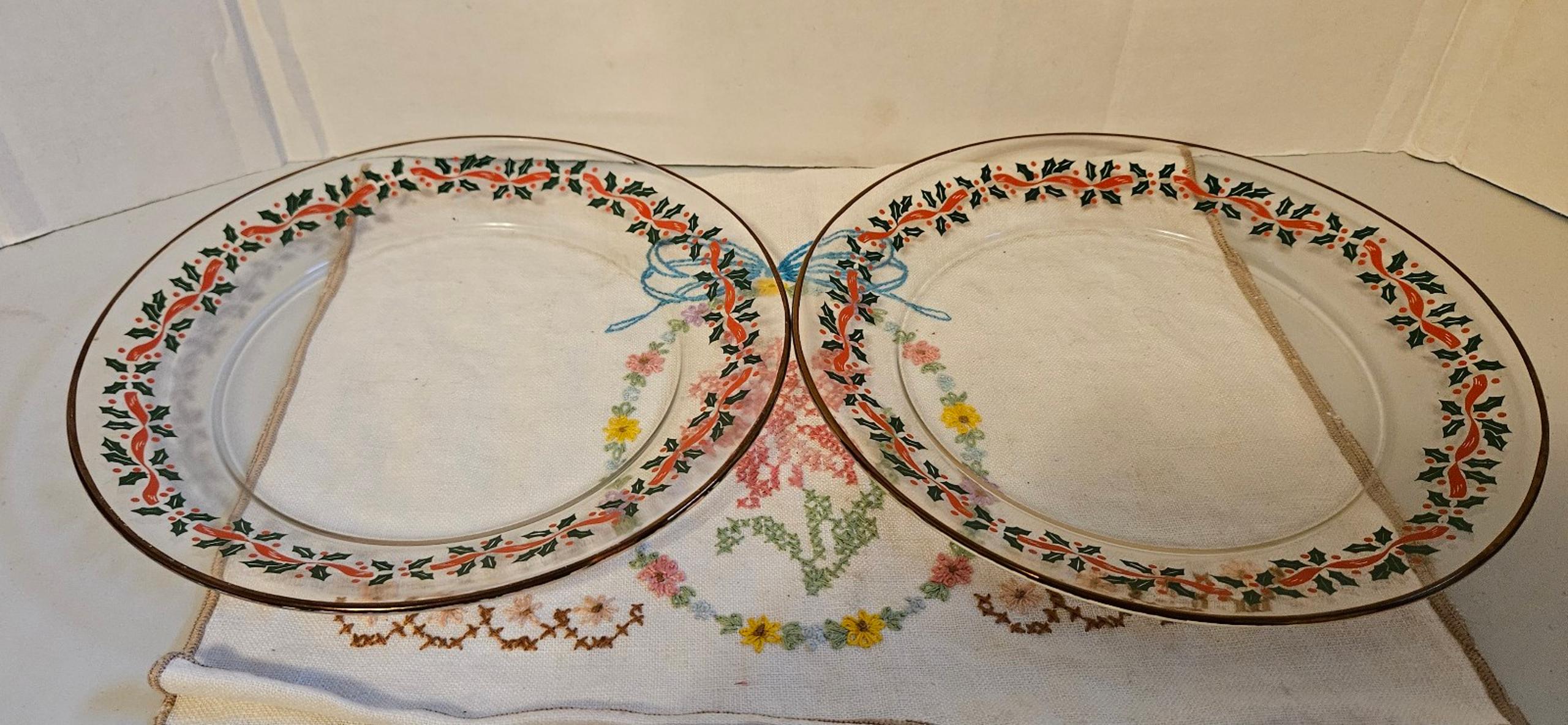 VTG Libbey Holly & Berry Ribbon Salad Dessert Plates Clear Glass  8" Christmas 2