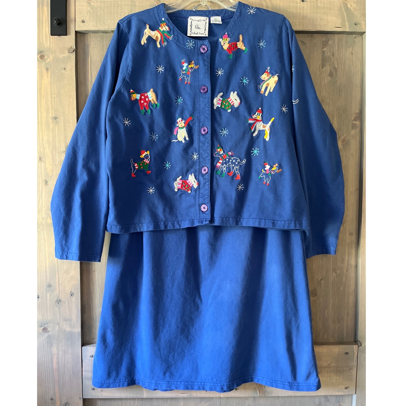 Vintage Michael Simon Lite Skirt Jacket / Cardigan Set Winter Dogs Blue Size XL
