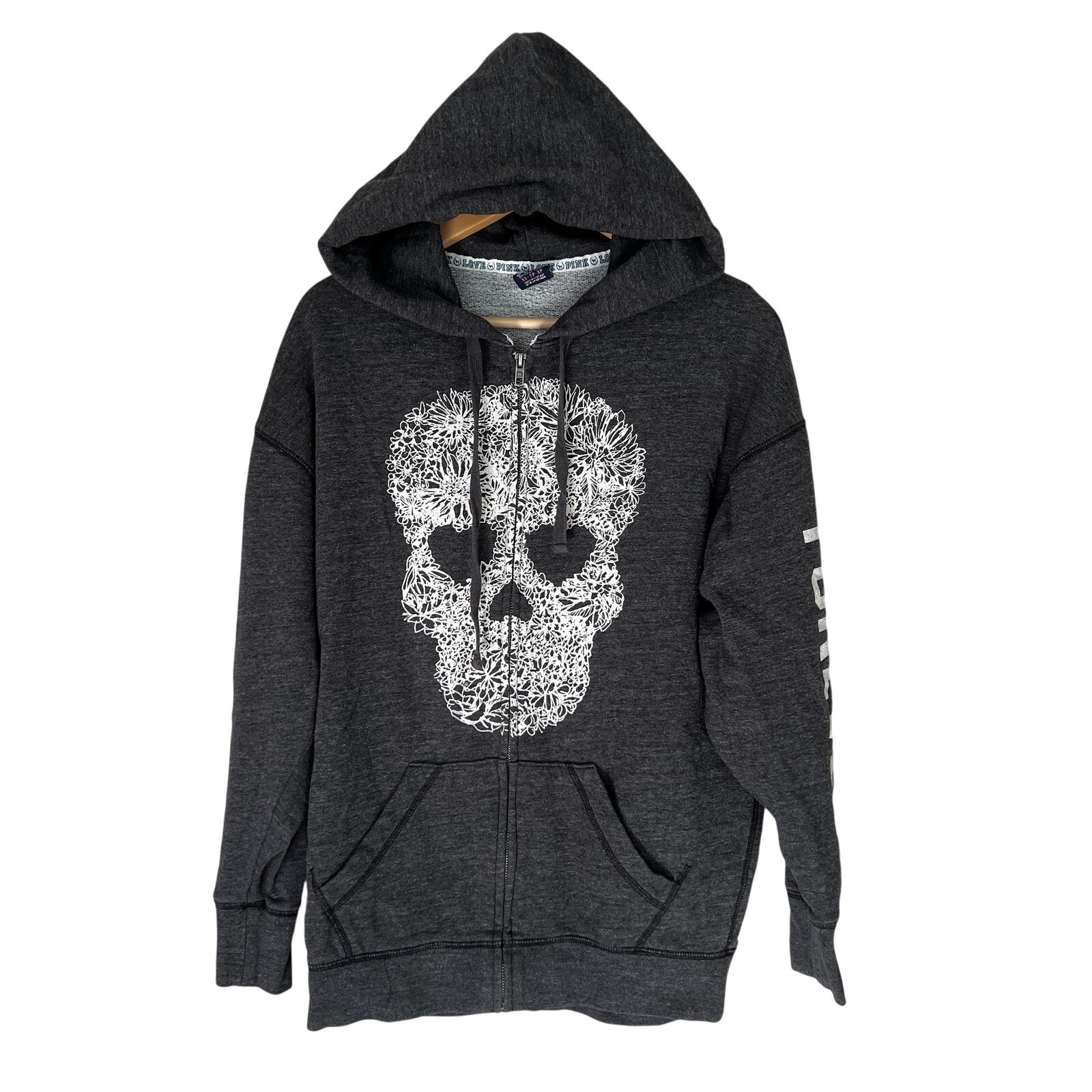 Victoria's Secret Pink Gray White Heart Skull Hoodie Jacket Women's Size XS Hood