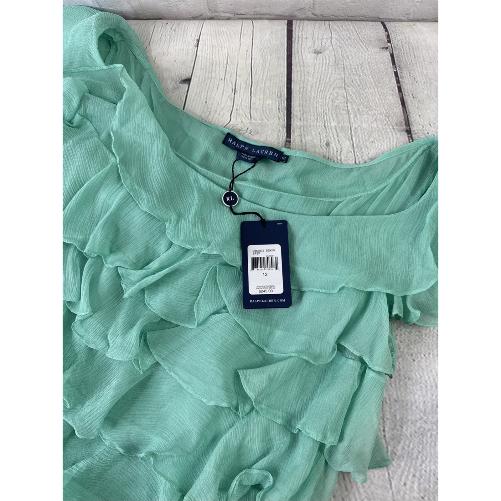 Ralph Lauren Mint Green Top Blue Label SSKIR SP2P 100% Silk Ruffle Sz 12