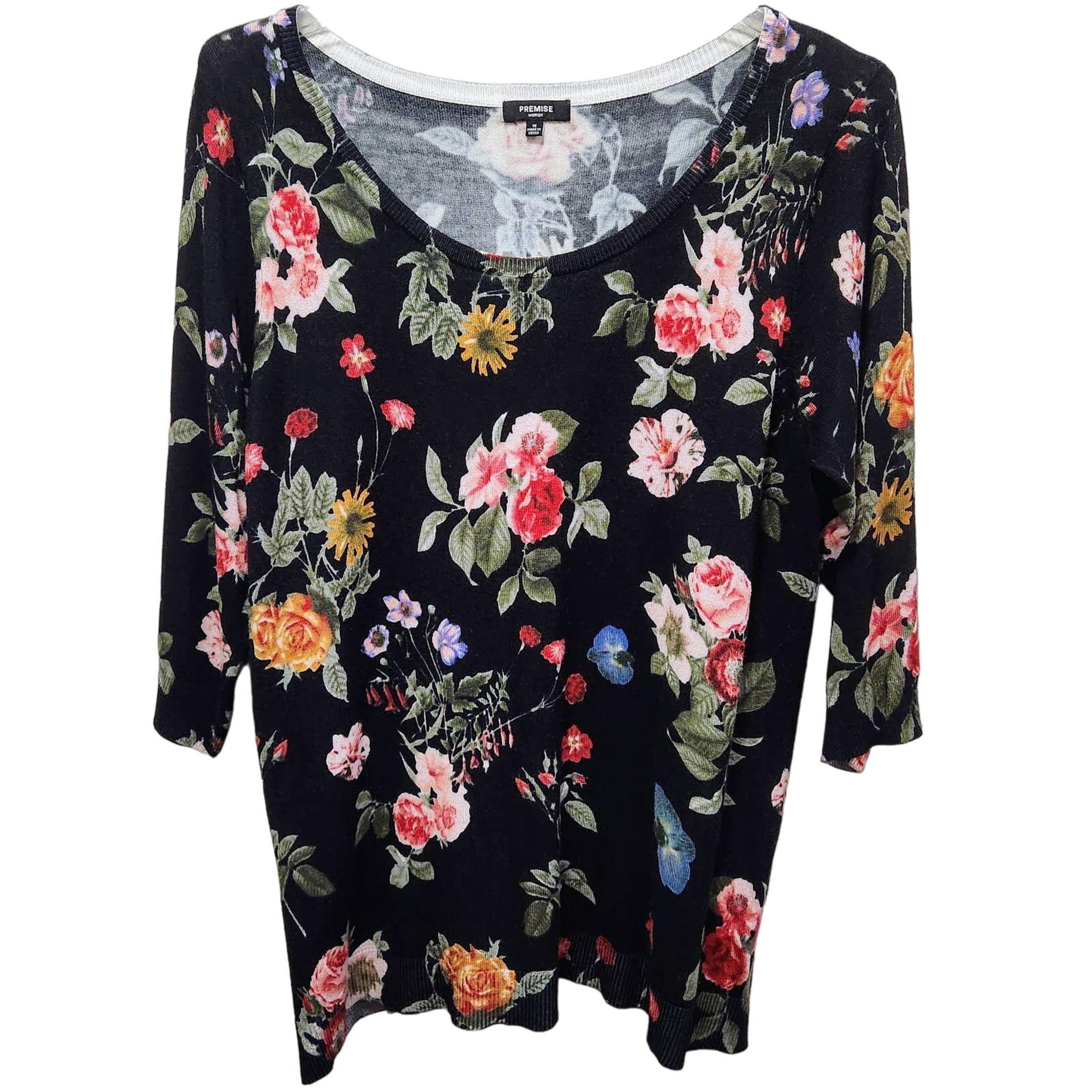 Premise Women Black/Multi Floral-Print 3/4-Sleeve Pullover Round Neck Sweater 1X