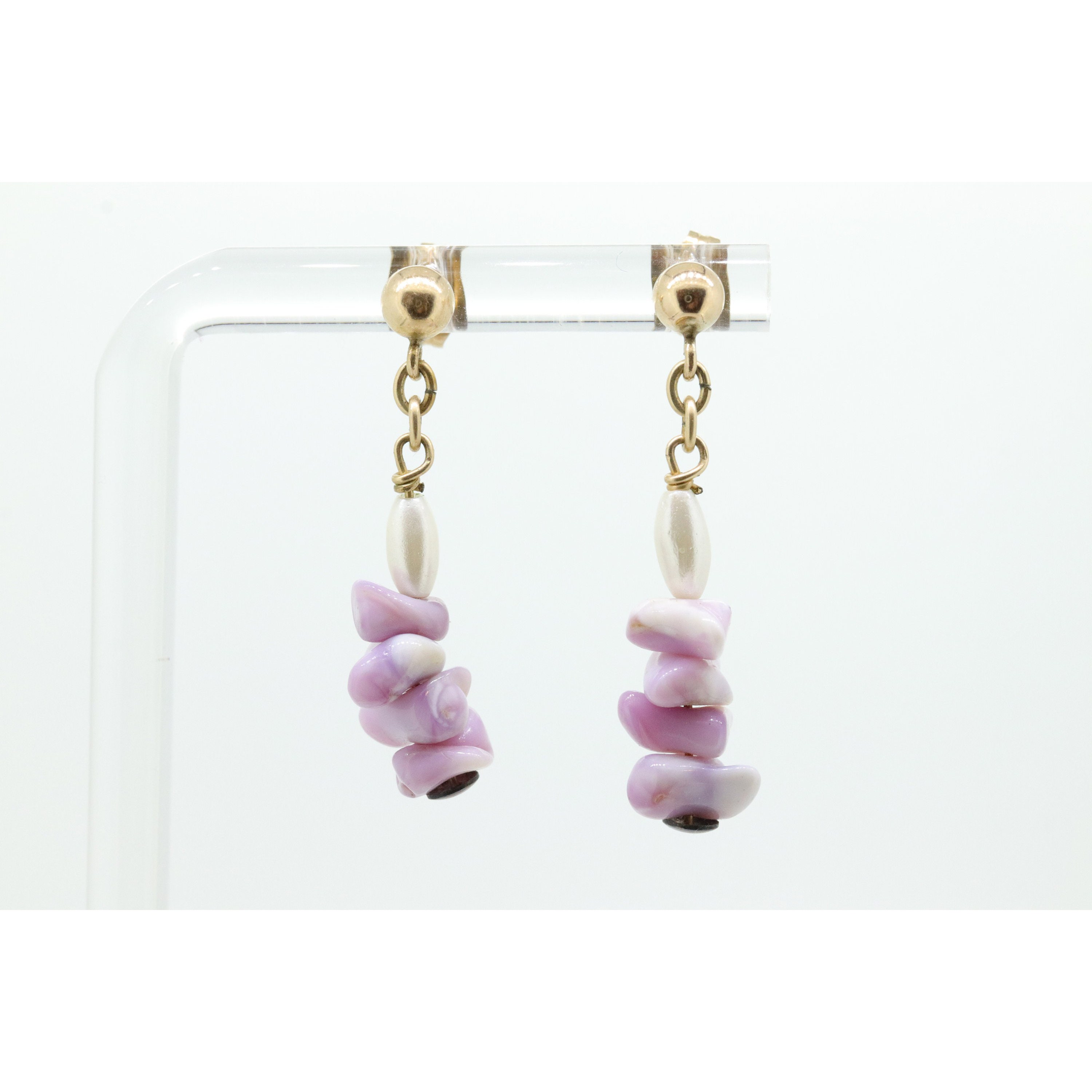 14k Gold dangle drop Shell Earrings. Pearl Purple Shell Drop bead earrings. Sea