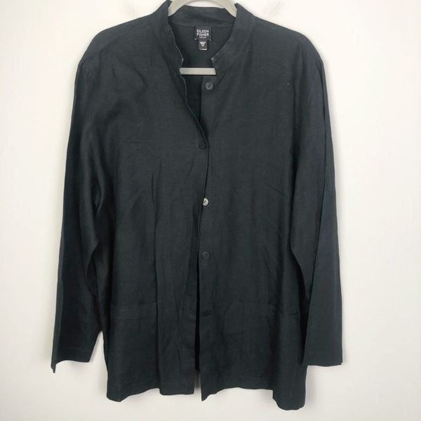 EILEEN FISHER | Linen Black Shirt Jacket Button Front Stand Up Collar Women’s 1X