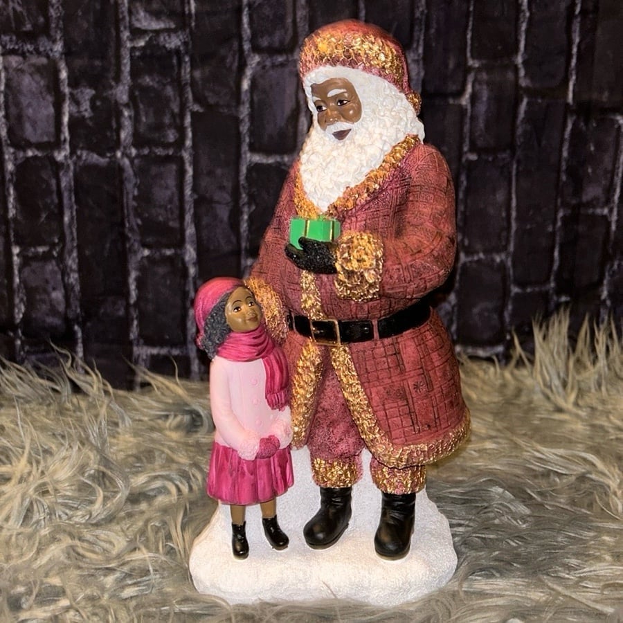 Ebony Treasures African American Santa RedCoat Gold Trim w/Girl10.5 COLLECTIBLE