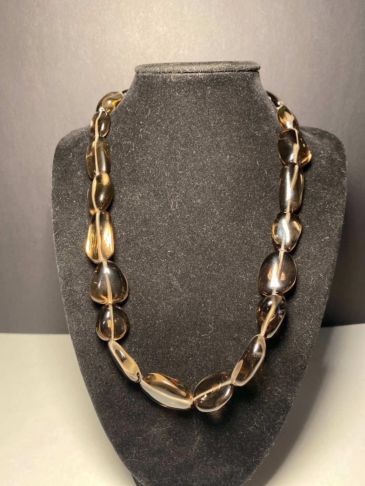 Polished Natural Smokey Quartz Stones With Sterling Silver Clasp 9” Necklace