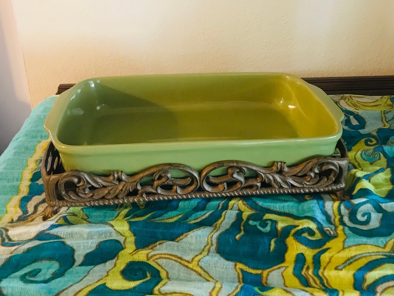 Vintage Belaverra casserole ceramic 8x10 bakeware with iron accents.