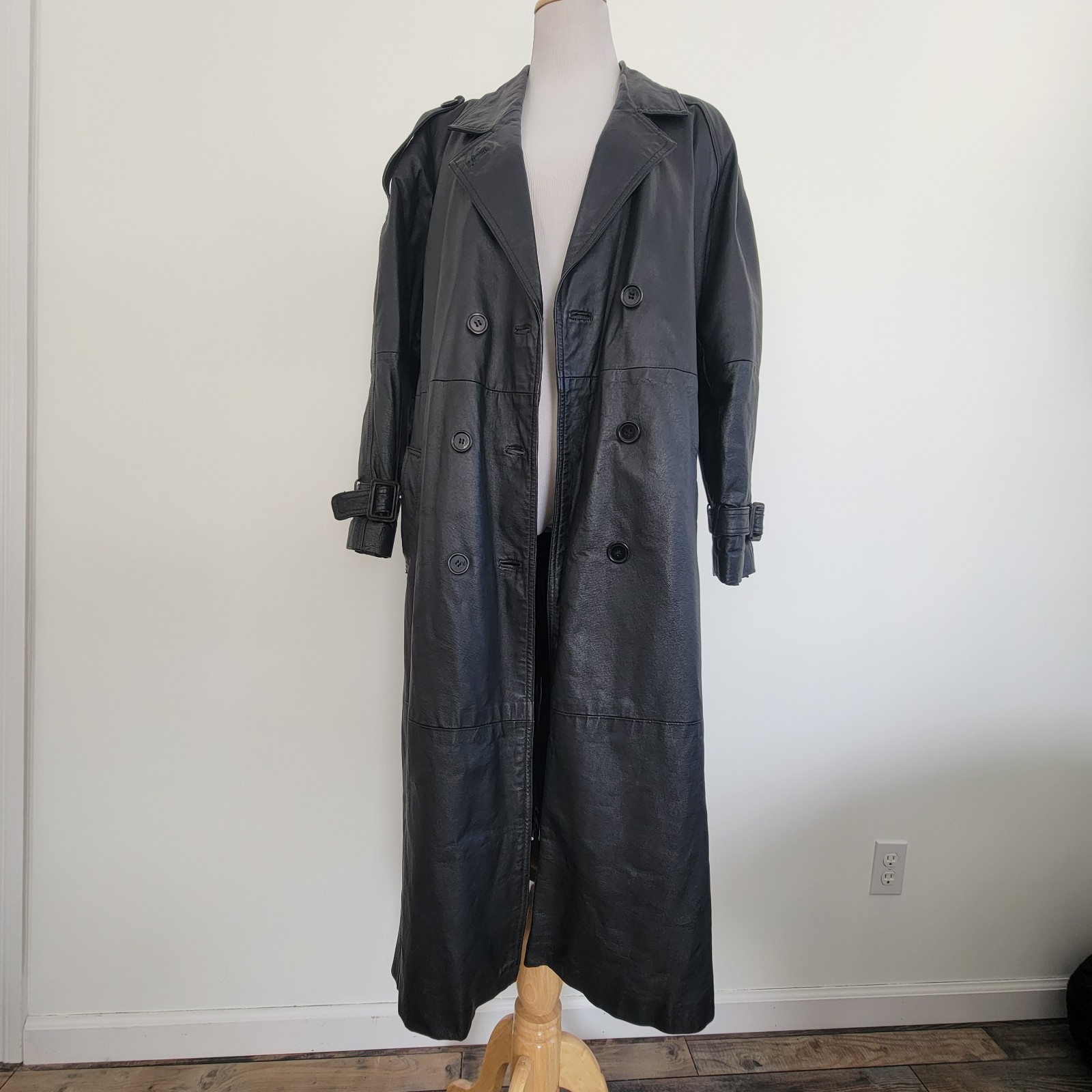 Long Soft Leather Trench Coat Black Phase 2 Double Breast Buttons Lined Size M
