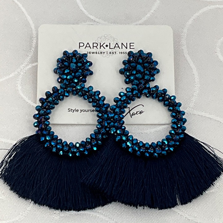 Park Lane Navy Blue Beaded Hoop Earrings With Fringe Tassels